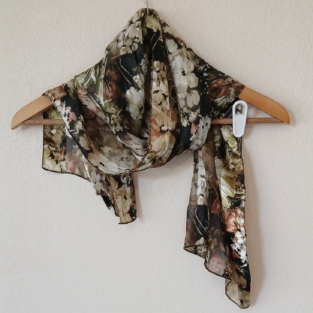 Perry Ellis Floral Satin Scarf Green And Copper